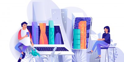 Futuristic megapolis concept in flat design. Smart city in smartphone scene template. Skyscrapers, modern business center, urban infrastructure. Illustration of people characters activities